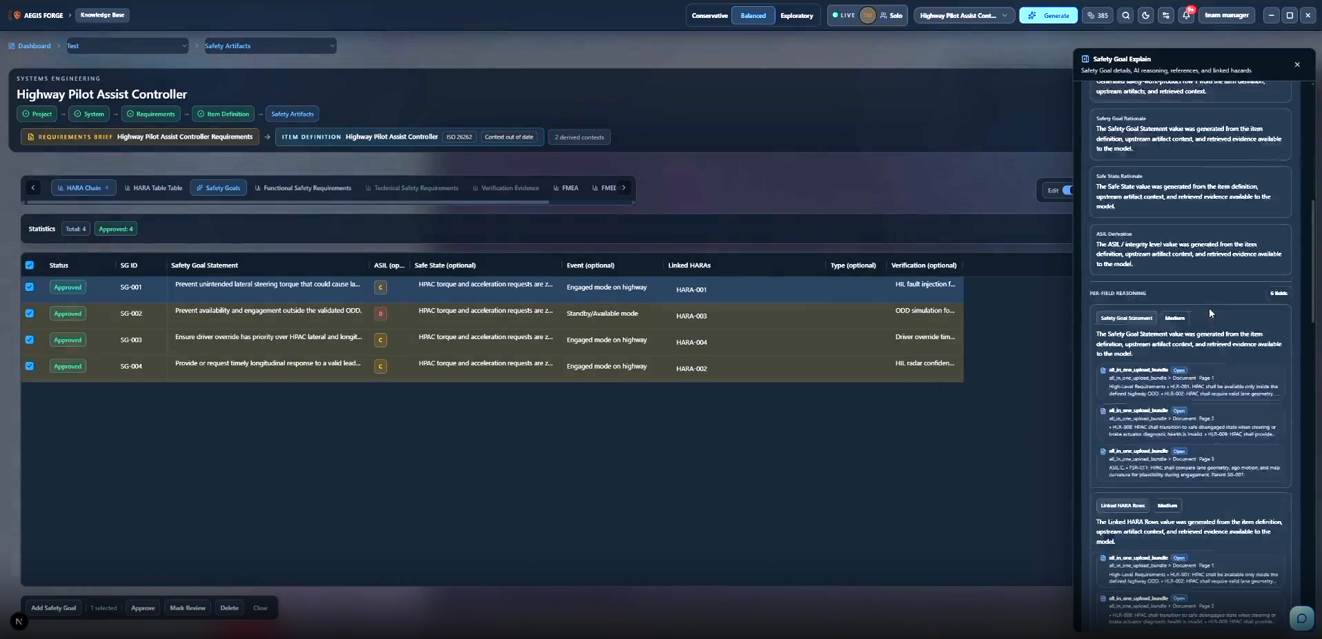 Aegis SafeForge Bereich mit KI-Begründung und Evidenzreferenzen