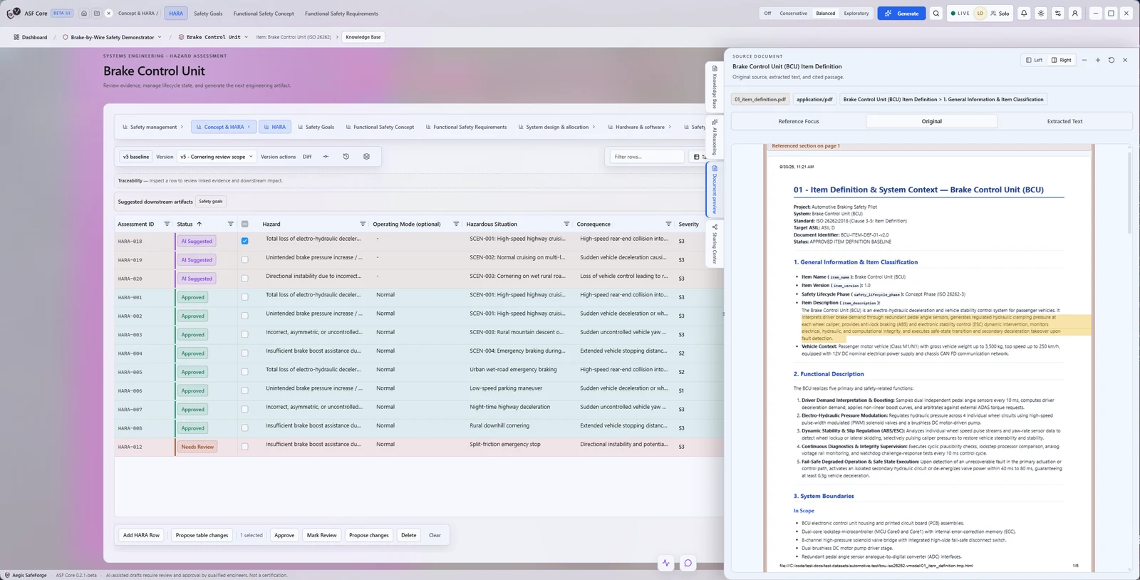 Cited source passages: Each suggestion carries source links; open one to see the exact passage or clause it relies on, beside the table.
